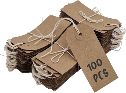 Swift Strung Tags Brown Reinforced Card Clothing Parcel Label String Hanging Gift Swing Tickets Kraft Hang Price Labelling 70mm x 35mm (Pack of 100)