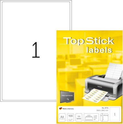 TopStick 8772 Parcel Shipping Paper Labels, 1 Labels Per A4 Sheet, 199.6 x 289.1 mm, 100 Labels, Self Adhesive, Stickers for Laser and Inkjet Printers, White