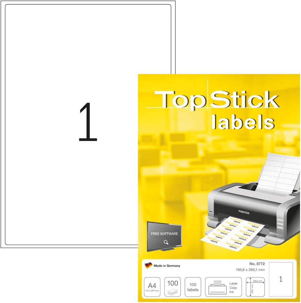 TopStick 8772 Parcel Shipping Paper Labels, 1 Labels Per A4 Sheet, 199.6 x 289.1 mm, 100 Labels, Self Adhesive, Stickers for Laser and Inkjet Printers, White TopStick 8772 Parcel Shipping Paper Labels, 1 Labels Per A4 Sheet, 199.6 x 289.1 mm, 100 Labels, Self Adhesive, Stickers for Laser and Inkjet Printers, White