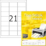 TopStick A4 Self Adhesive Address Labels, 21 Labels Per Sheet, 100 Sheets, 2,100 Labels, 63.5 x 38.1 mm, Blank Printer Labels For Laser & Inkjet, Printable Sticky Paper Labels for Office & Home