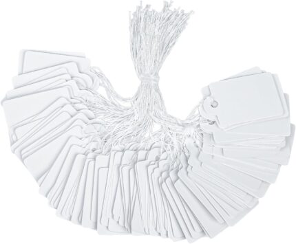 Uniclife 200 Pcs Writable Price Labels 2.5 cm White Display Tags for Clothing, Jewelry, Garage, Gifts, Merchandise with Hanging Strings