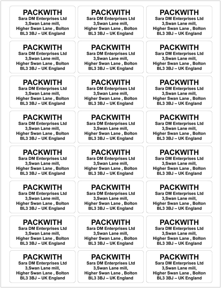 White Personalised Stickers Labels 24 Label Per Sheet A4 Self Adhesive Printed Labels (64 x 33 mm) Address Label Stickers Personalised Postage Label for Business Purposes Packwith® White Personalised Stickers Labels 24 Label Per Sheet A4 Self Adhesive Printed Labels (64 x 33 mm) Address Label Stickers Personalised Postage Label for Business Purposes Packwith®