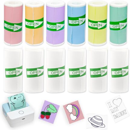 12 Rolls Self-Adhesive Mini Printer Sticker Paper - 6 White & 6 Vibrant Colors for M02/T02 Printers (Remove Inner Paper Holder), Thermal Sticker Paper for Photos, Lists, Study Notes & Scrapbooking