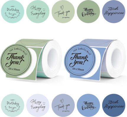 2 Rolls of Thermal Labels 50mm x 50mm Thermal Stickers,Multicolor Circle Thermal Sticker Label Round Thermal Printer Labels for Logo Name,Address,QR Code,Baking,140 Labels/1 Roll（Blue+Green）