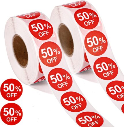 2000pcs 50% Discount Stickers, 1in Round Self Adhesive 50 Percent Off Signs Promotion Labels Price Markers Sales Reduced Tags for Retail Stores Supermarkets Shops (Red)
