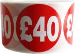 500 x RED Sign SELF Adhesive Stickers Sticky Labels Swing Labels for Retail Price Display Price of (50p, 99p, £1, £2, £3, £4 Upto £50) (RED Sticker, £40 ROLL OR 500 Sticker)