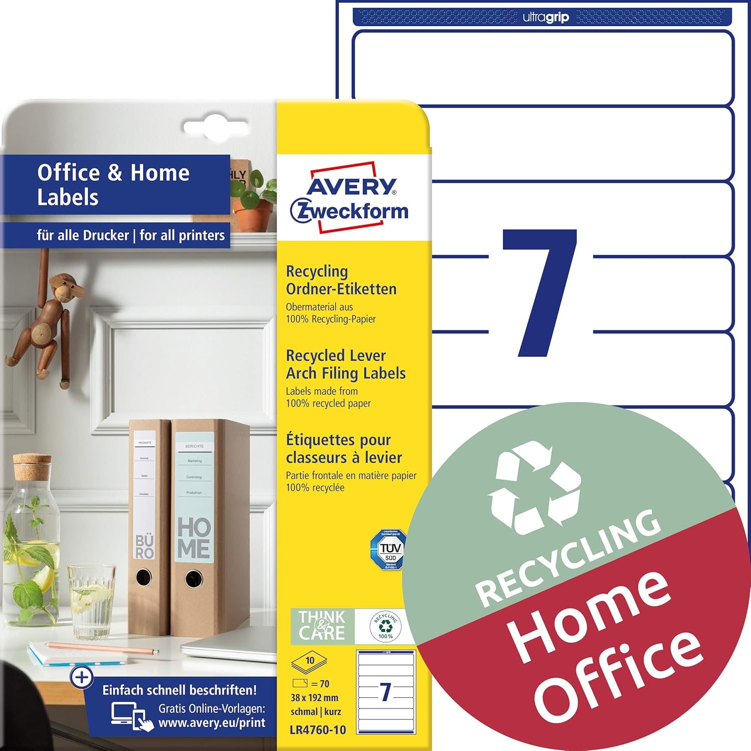 AVERY Zweckform LR4760-10 Recycled Folder Spine Labels (70 Spine Labels, 38 x 192 mm on A4, 100% Recycled Paper, Narrow/Short, Self-Adhesive, Printable Folder Labels), 10 Sheets, Natural White AVERY Zweckform LR4760-10 Recycled Folder Spine Labels (70 Spine Labels, 38 x 192 mm on A4, 100% Recycled Paper, Narrow/Short, Self-Adhesive, Printable Folder Labels), 10 Sheets, Natural White