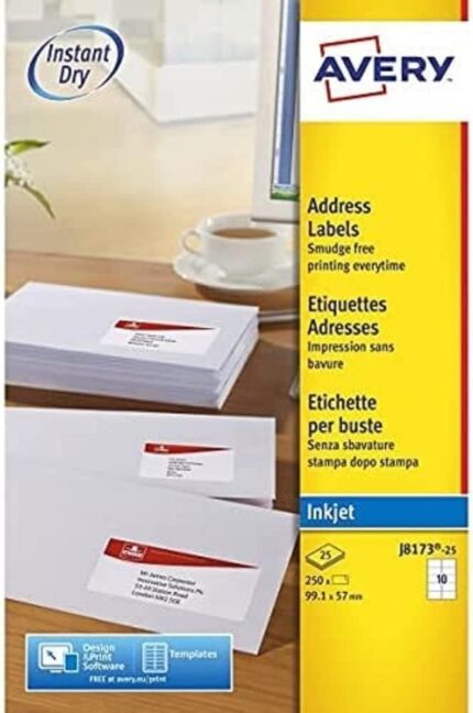 Avery J8173‑25 Address Labels – 250 Self‑Adhesive Labels (99.1 × 57 mm) on 25 A4 Sheets | QuickPEEL™ Inkjet Mailing & Shipping Stickers