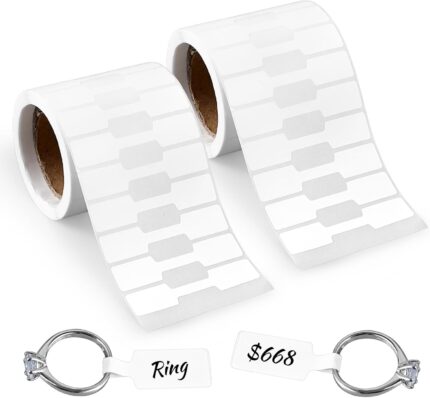 Bewudy 1000 Pcs Classic Jewelry Price Tags Labels Self Adhesive, Rings Tags Glossy White Blank Price Tags, for Jewelry, Bracelet, Ring, Necklace, Earring, Clothing Display (2 Roll, 500 Labels/Roll)