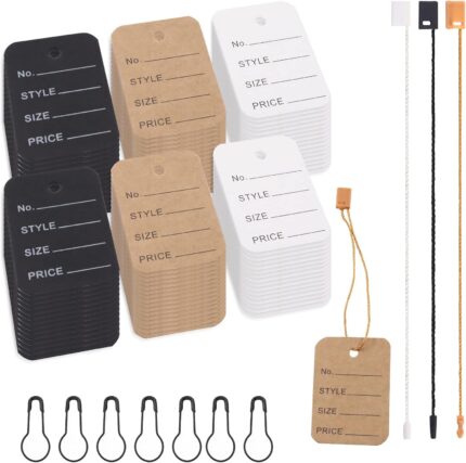 Glarks 1700Pcs Price Tag Kit - 3.5cm x 5cm Marking Labels With Hang Strings and Metal Gourd Pins - 3 Colors Blank Paper Display Tags for Clothes and Clothing