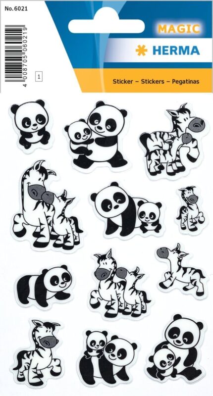 HERMA 6021 Animals Stickers for Children, Panda and Zebra Families (12 Stickers, Soft Foam, Matte) Self-Adhesive, Permanent Adhesive Motif Labels for Girls and Boys, Colourful
