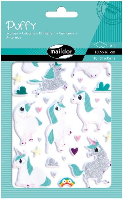 Maildor AE152C - Puffy STICKERS - 1 sheet - Size: 10.5x16 cm - 3D EFFECT GLITTER - UNICORNS (30 stickers) - Children's Creative and Leisure Activity - DIY